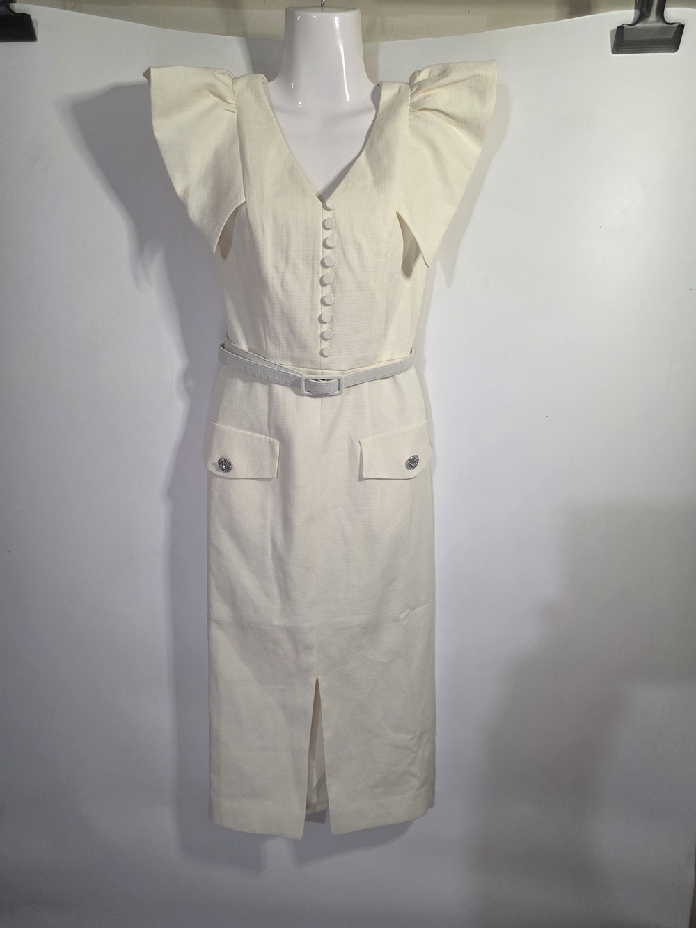 MOTF Cream V-Neck Midi Dress with Flutter Shoulders Size XS.NWT.